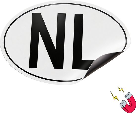 Een NL-magneet, wit ovaal met zwarte letters
