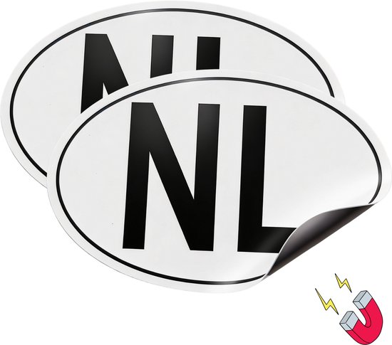 Twee NL-magneten, wit ovaal met zwarte letters
